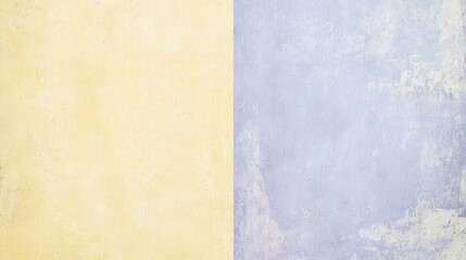 Naklejka premium Rough concrete wall painted with two pastel colors, yellow and purple, creating an abstract textured background with copy space