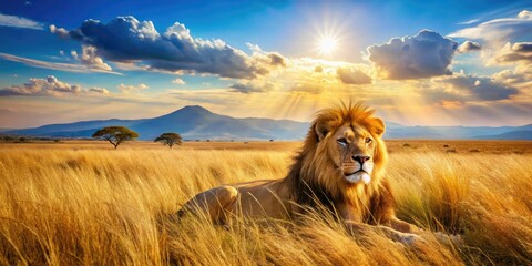 Majestic Lion in the Grassland: A Stunning Landscape Photography Scene with Vibrant Wildlife and Natural Habitat, Capturing the Essence of Africaâ€™s Serengeti and the Beauty of Nature