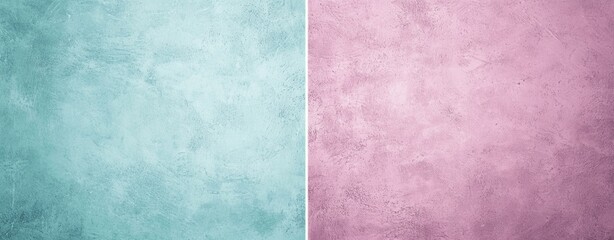 Naklejka premium Captivating split screen with pastel pink and turquoise colors, textured plaster effect for elegant backdrop. Ideal for various designs, baby showers, weddings, birthdays
