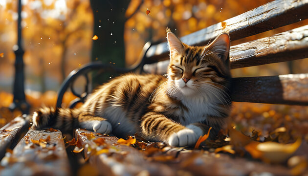 Cat Sleeping on a Bench in Autumn
