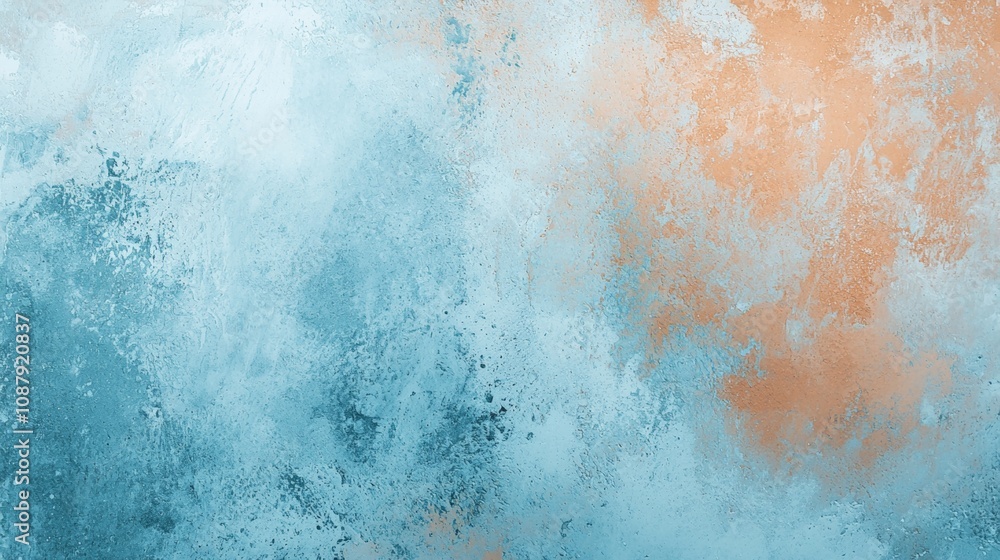 Poster light blue and orange paint strokes merge on a textured canvas, creating a gradient effect that evok