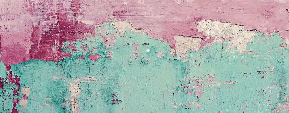 Poster layers of peeling paint create a textured and colorful abstract design on a weathered wall, revealin