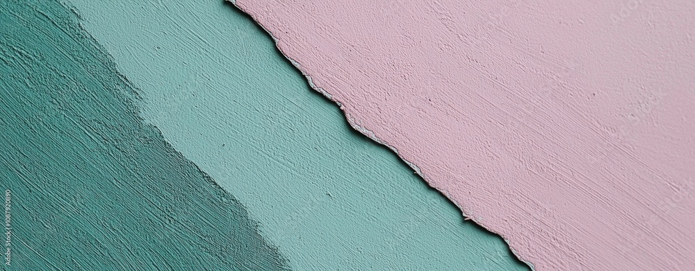 Poster diagonal composition features a textured surface painted in two distinct colors, pink and green, cre