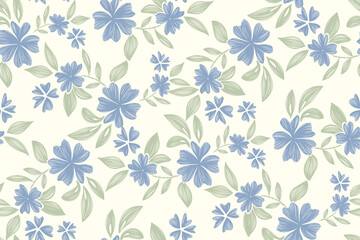 Vintage floral ethnic tapestry modern embroidery texture boho design vector illustration hand drawn silhouette indigo blue flower motif branches leaves wallpaper seamless background border. © Wita Pixs