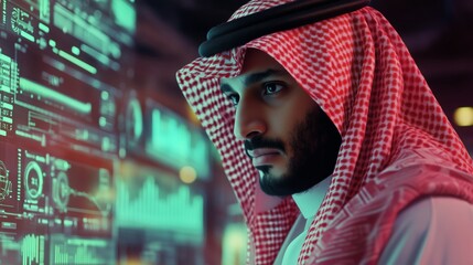 Saudi man in traditional attire analyzing holographic digital data in a futuristic high-tech environment with glowing charts and graphs in a dimly lit control room