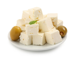 Plate with delicious cut feta cheese and olives on white background