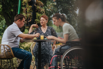 A boy with Down syndrome, a girl in a wheelchair, and an older woman enjoy playing cards, creating a warm and inclusive family moment in a garden setting.