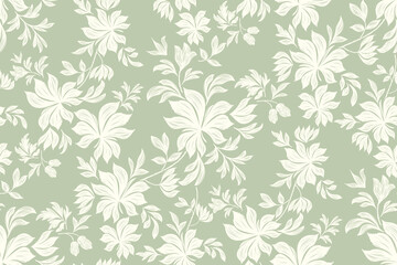 Vintage floral ethnic tapestry modern embroidery texture boho design vector illustration hand drawn silhouette white flower motif branches leaves wallpaper seamless green background border.