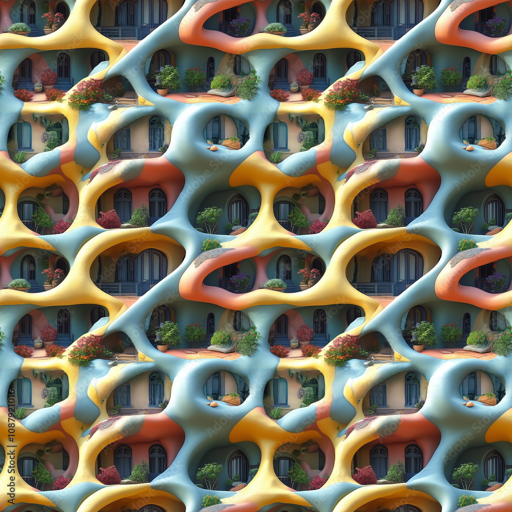 Poster unique architectural pattern showcasing colorful organic forms in a vibrant setting