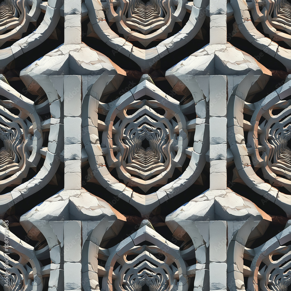 Poster intricate patterns created by repeating architectural elements in a surrealist design
