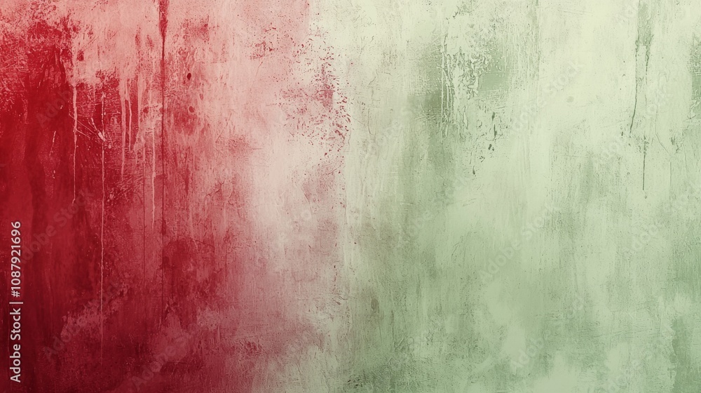 Poster red and green paint splashing on a grunge wall creating a textured background, perfect for adding a 