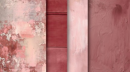 Four different pink and red textured backgrounds are combined together, creating a unified composition with a focus on color and texture variations