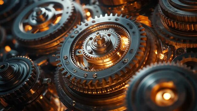 Intricate clockwork gears in motion, detailed and precise mechanism