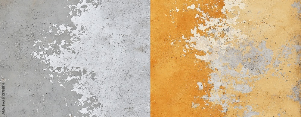 Poster close-up view of a weathered wall revealing layers of concrete and orange paint, creating a textured