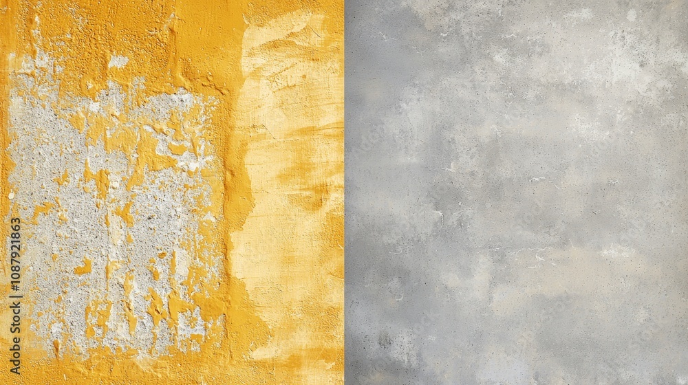 Aufkleber half yellow and half grey concrete wall creating a contrasting background with different textures, c