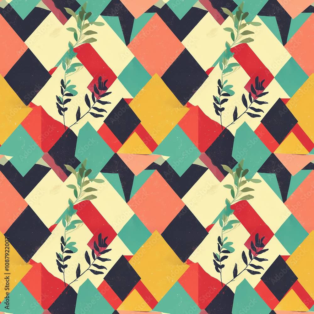 Poster colorful geometric pattern with botanical elements creating a vibrant visual experience