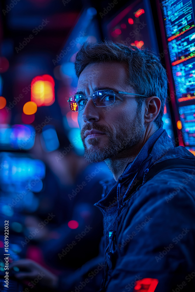Poster a person intently works at a control station surrounded by glowing screens displaying data in a diml