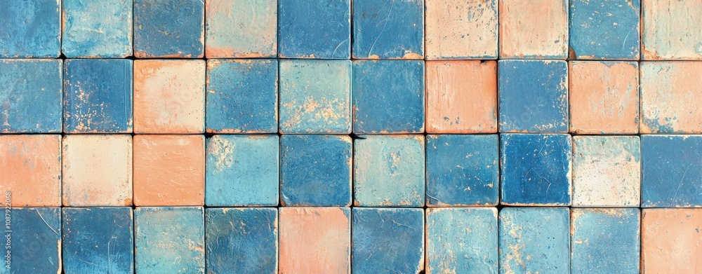 Poster alternating blue and peach square tiles form a weathered checkerboard pattern, adding a touch of vin