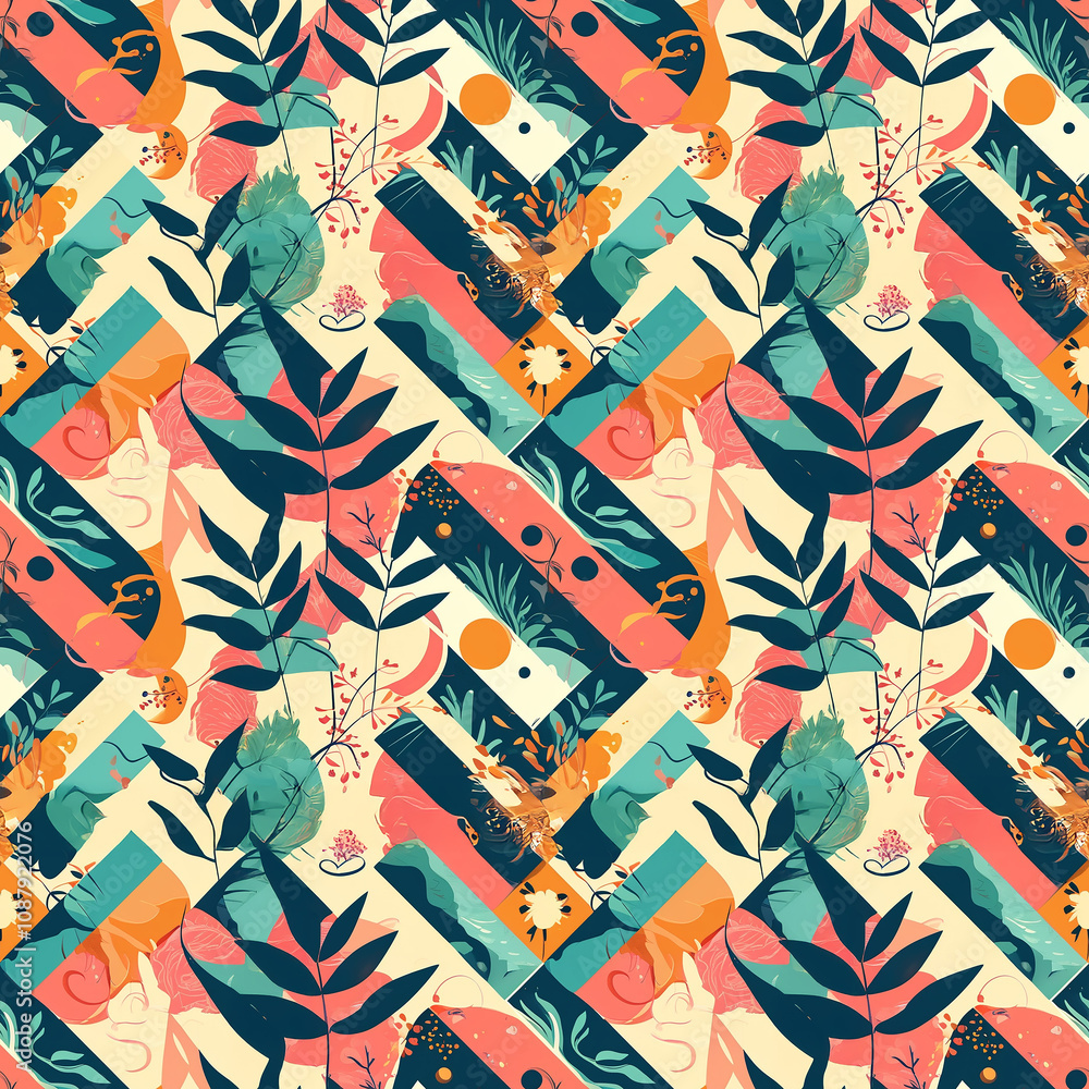 Poster vibrant abstract design showcasing nature-inspired patterns and colorful shapes