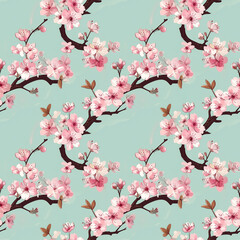 Blossoms adorning branches create a serene pattern against a tranquil background