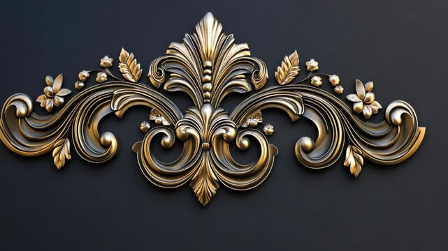 A gold leaf design is shown on a black background. The design is ornate and intricate, with many small details that make it stand out. Scene is elegant and sophisticated