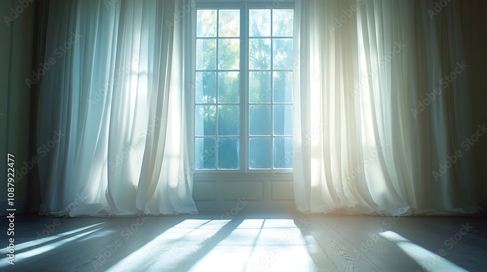 Poster a backlit window with white curtains in an empty room
