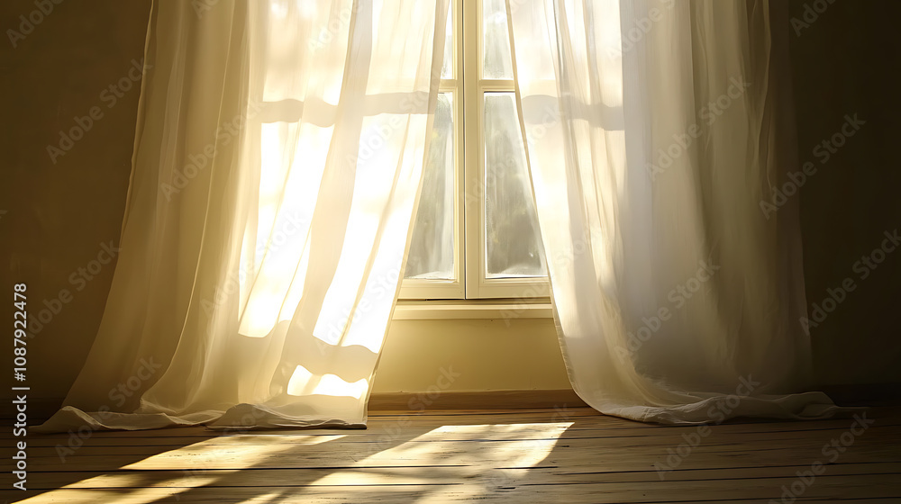 Poster A backlit window with white curtains in an empty room