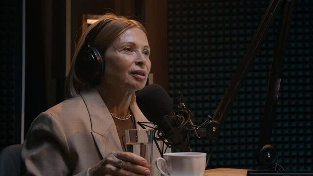 Medium shot of confident mature Caucasian female politician talking on controversial economic policies, while giving interview in podcast studio on streaming internet platform