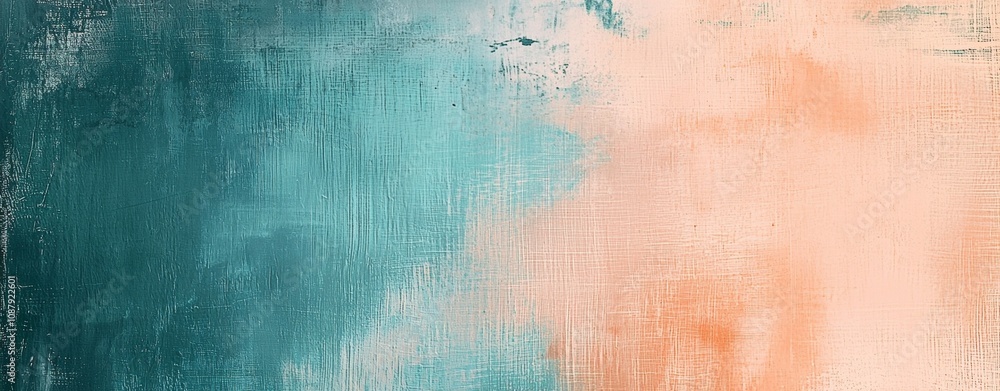 Poster wide colorful teal and peach abstract painted canvas background with visible brushstrokes and canvas