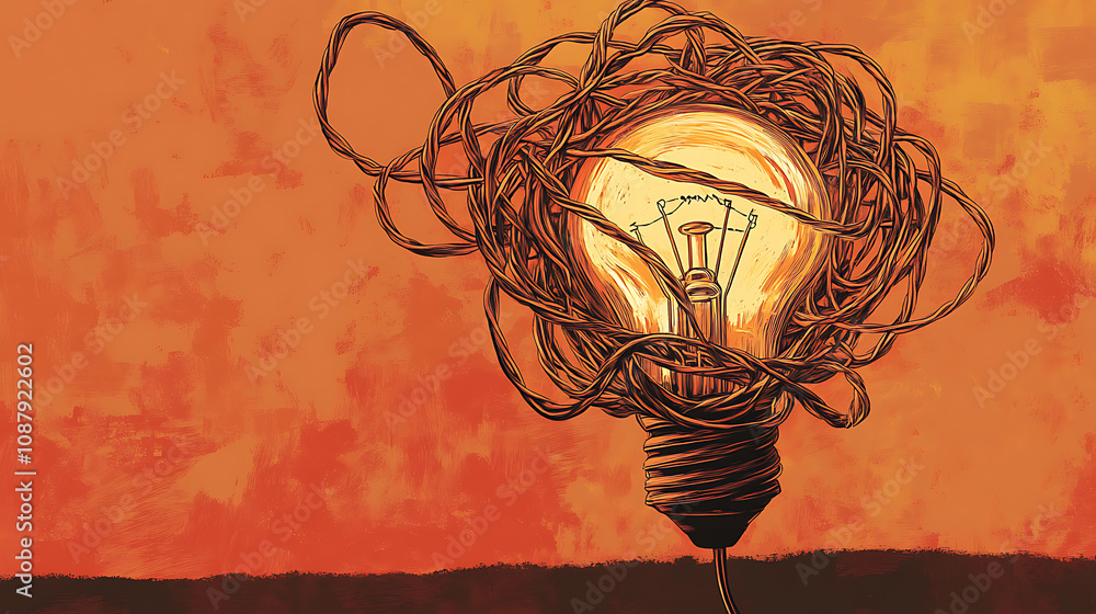 Poster a conceptual illustration of solving complex problems by simplifying them, depicted as a light bulb 