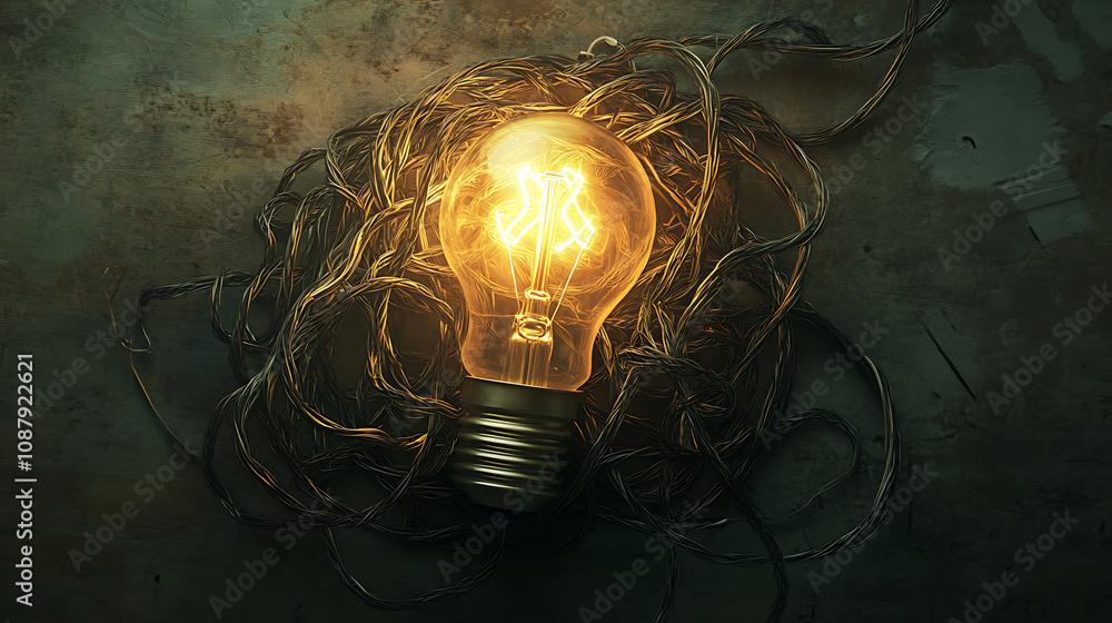 Poster A conceptual illustration of solving complex problems by simplifying them, depicted as a light bulb entwined in knotted wires being untangled