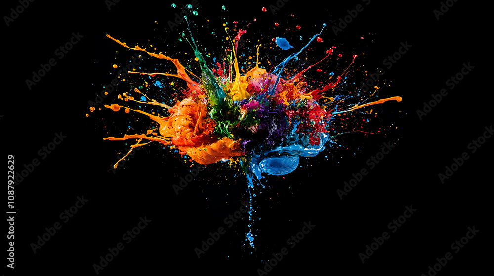 Aufkleber A creative depiction of an artistic brain exploding with colorful paints and splashes, representing a burst of ideas on a black background