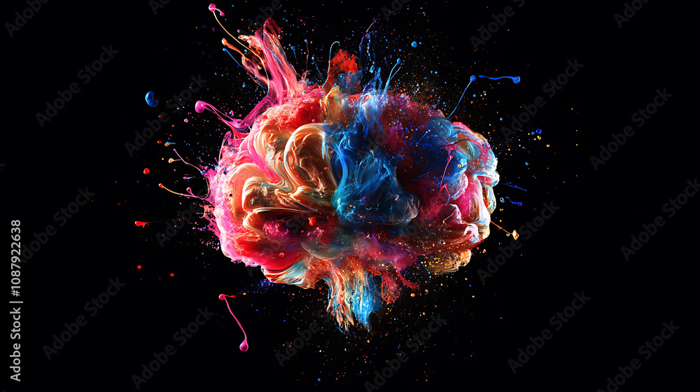 Poster a creative depiction of an artistic brain exploding with colorful paints and splashes, representing 