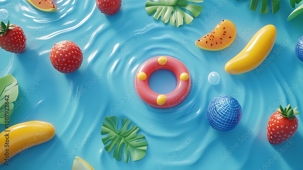 Poster a creative 3d summer background illustrating a swimming pool party theme, viewed from above with var