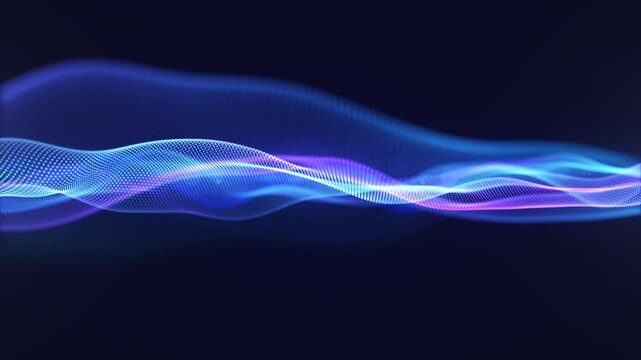 Abstract glowing neon cyber technology waves seamless motion. Blue and purple gradient digital waves flow. Technology background, big data visualization, blockchain, engineering, and audio waveform. 