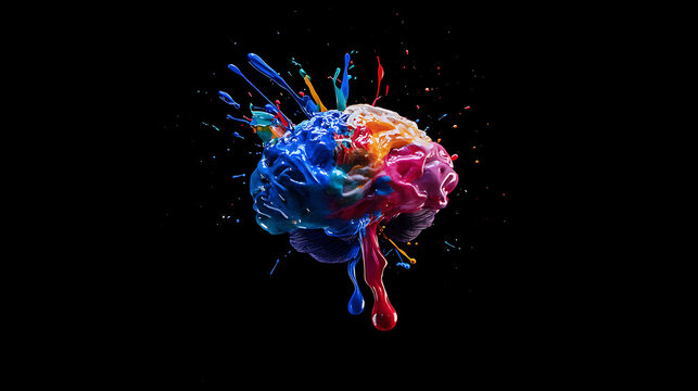 A creative depiction of an artistic brain exploding with colorful paints and splashes, representing a burst of ideas on a black background