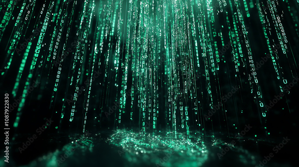 Poster A background of green binary code flowing down like water numbers glowing against a black background