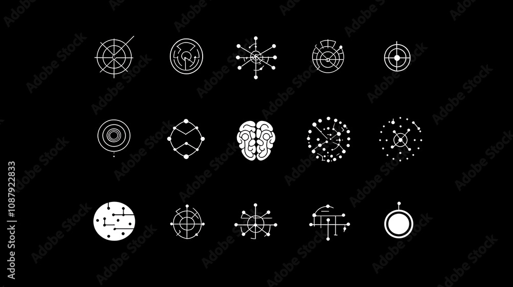 Aufkleber A series of abstract logos featuring dots and lines designed to represent the brain, suitable for contexts such as science innovation and technology development