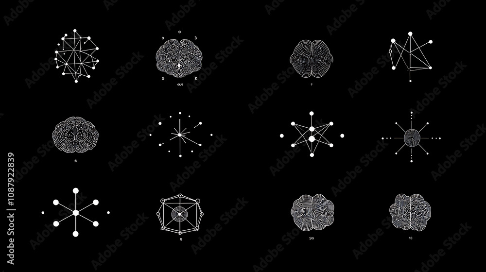 Poster A series of abstract logos featuring dots and lines designed to represent the brain, suitable for contexts such as science innovation and technology development