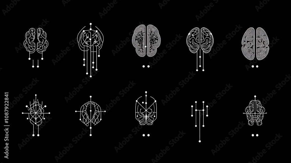 Aufkleber A series of abstract logos featuring dots and lines designed to represent the brain, suitable for contexts such as science innovation and technology development