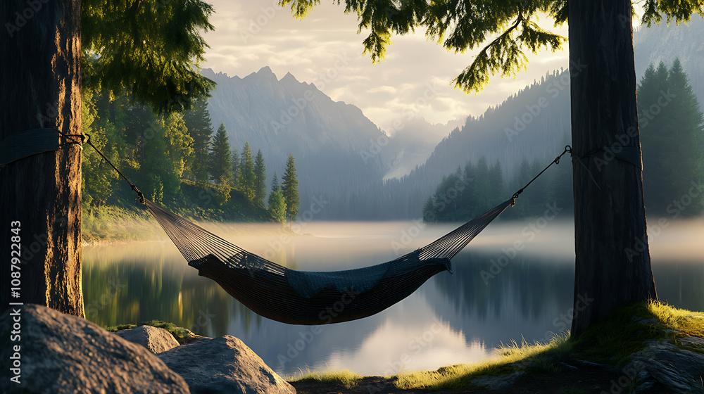 Poster a serene summer camping scene at a lake, featuring an empty hammock between two trees with a view of