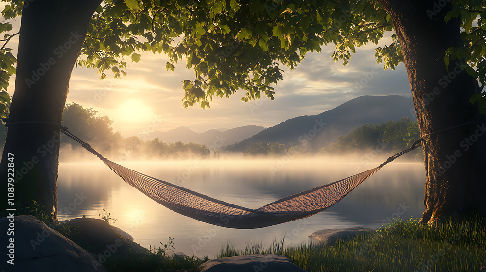 Poster a serene summer camping scene at a lake, featuring an empty hammock between two trees with a view of
