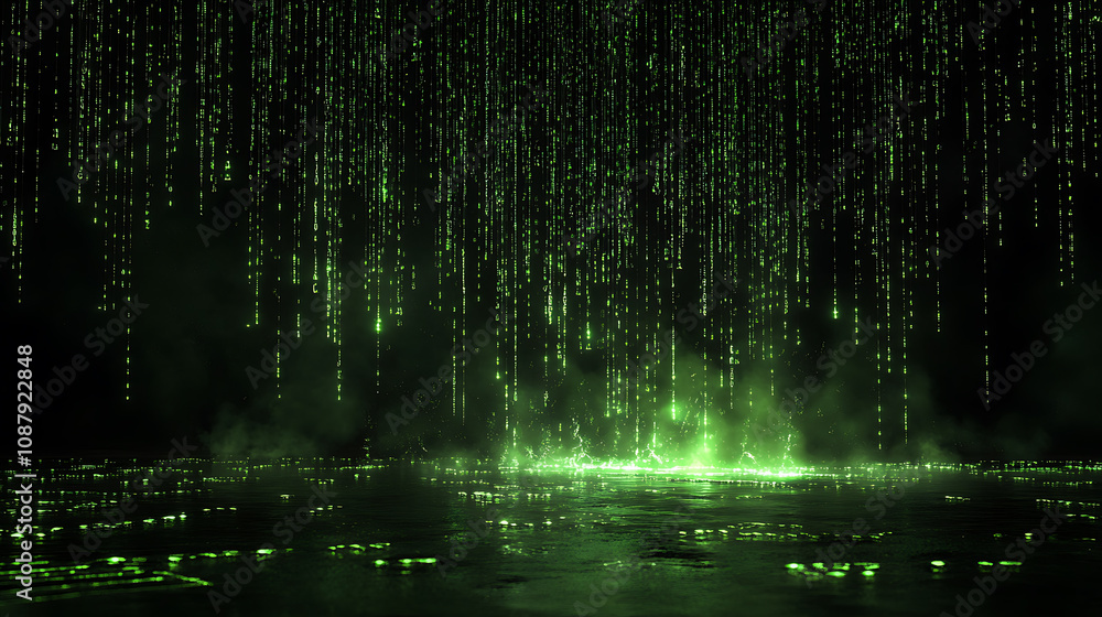 Poster a background of green binary code flowing down like water numbers glowing against a black background