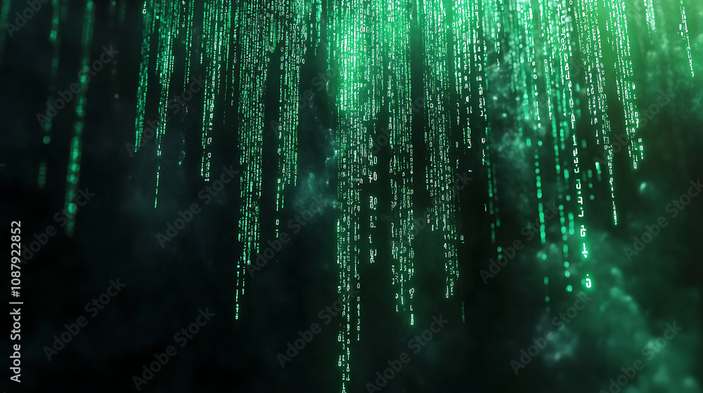 Fototapete a background of green binary code flowing down like water numbers glowing against a black background