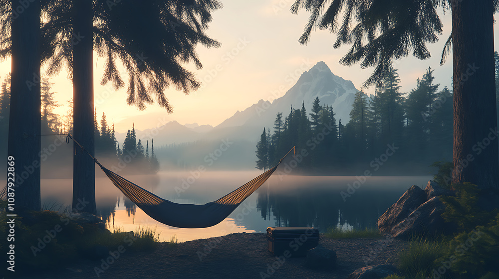 Poster a serene summer camping scene at a lake, featuring an empty hammock between two trees with a view of