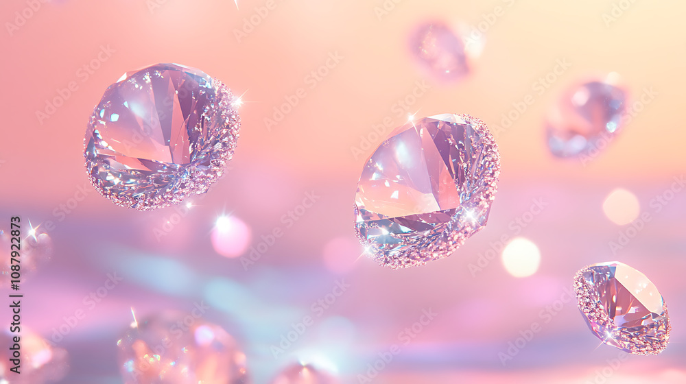 Leinwandbilder A soft pastel background with sparkling diamonds floating in the air, creating an enchanting and dreamy atmosphere for your product display presentation