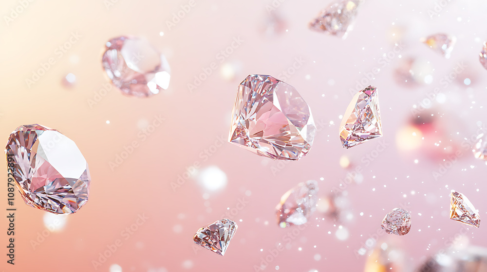 Fototapete A soft pastel background with sparkling diamonds floating in the air, creating an enchanting and dreamy atmosphere for your product display presentation