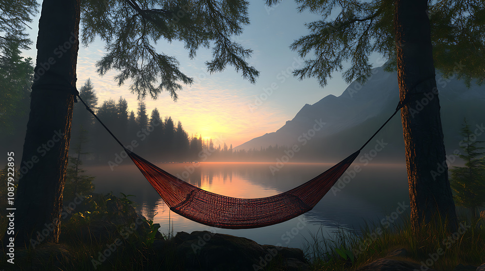 Poster a serene summer camping scene at a lake, featuring an empty hammock between two trees with a view of
