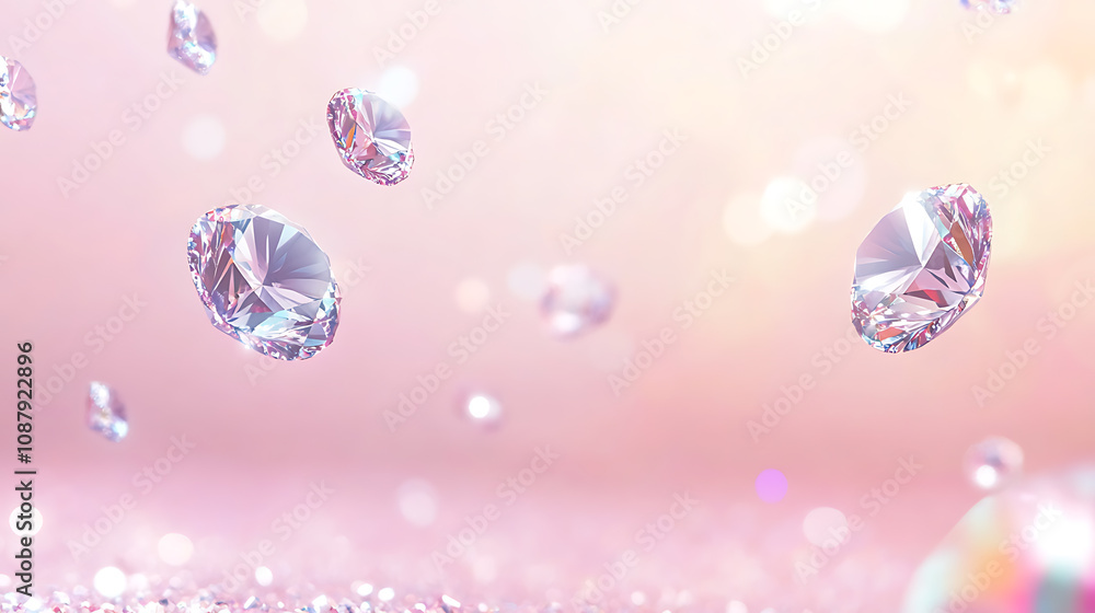 Leinwandbilder A soft pastel background with sparkling diamonds floating in the air, creating an enchanting and dreamy atmosphere for your product display presentation