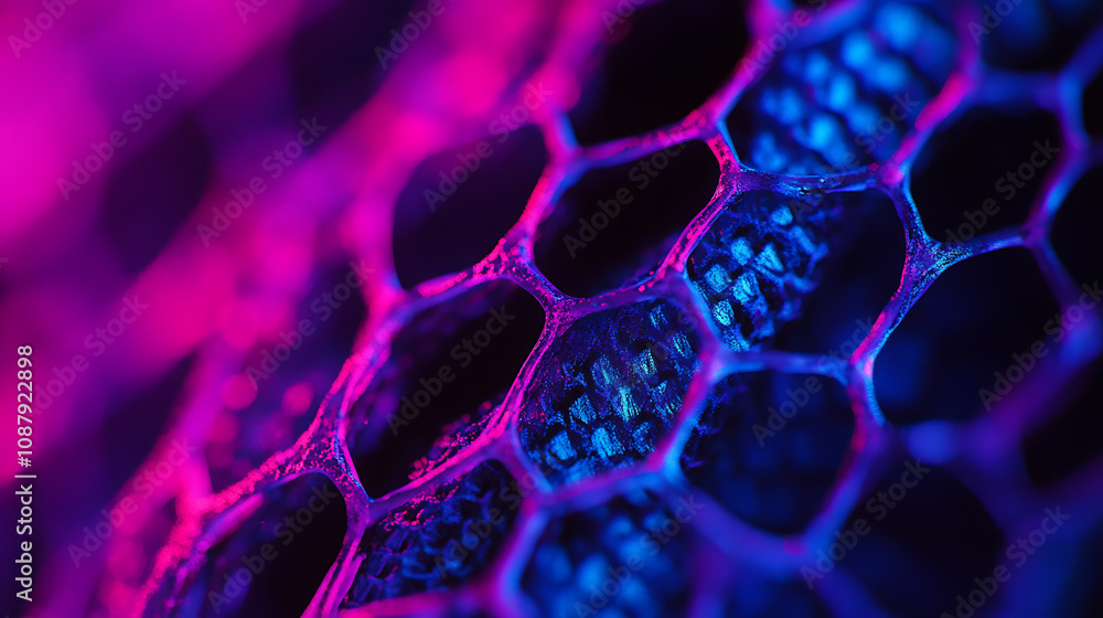 Poster a closeup of the texture of an organic, hexagonal grid pattern with blue and purple neon lighting on